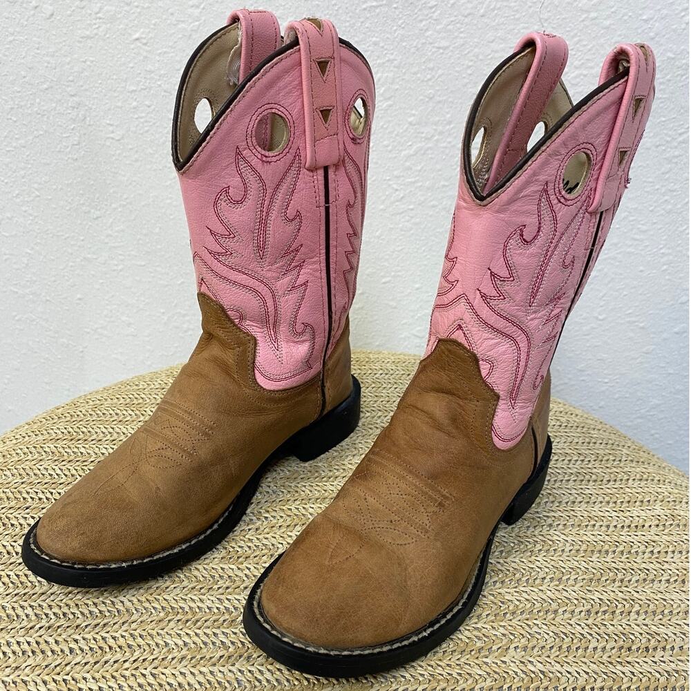 Old West Girls Pink & Brown Cowboy Boots, Leather, Size 10 Western Rodeo